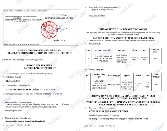 Phiếu công bố sản phẩm sản phẩm kem xóa mờ sẹo Scar Esthetique của Rejuvaskin  Phiếu công bố sản phẩm sản phẩm kem xóa mờ sẹo Scar Esthetique của Rejuvaskin