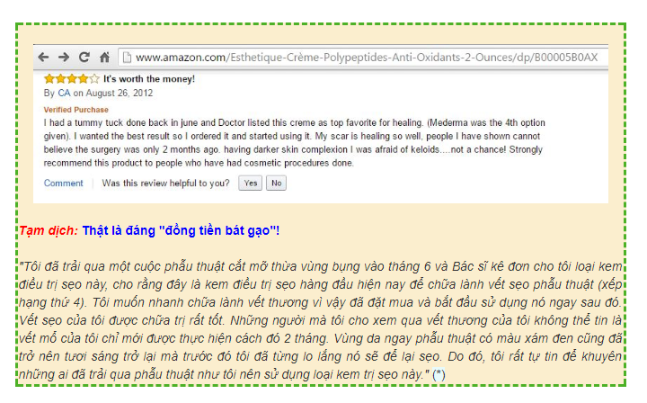 Khách hàng nước ngoài đánh giá rất cao về kem làm mờ sẹo Scar Esthetique