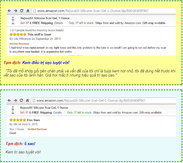  Phản hồi của khách hàng về gel làm mờ sẹo Scar Rejuvasil trên Amazon.com