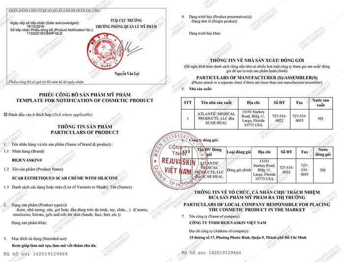 Giay chung nhan của bo y te ve do lanh tinh cua Scar Esthetique