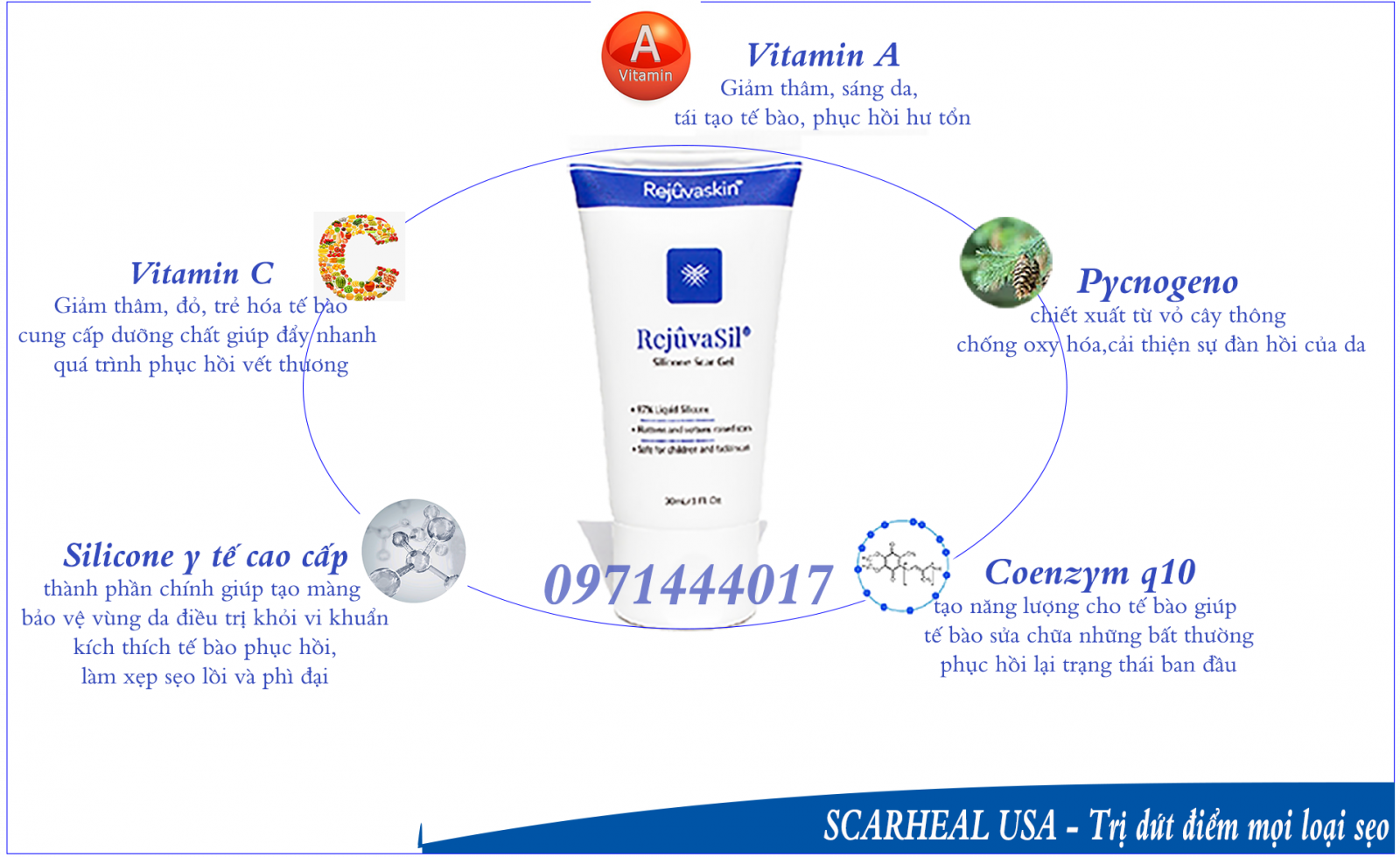 Thành phần dưỡng chất bên trong kem làm mờ sẹo Rejuvasil Silicone Scar